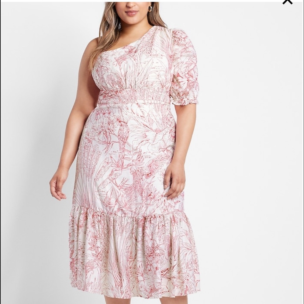 Express Printed One Shoulder Puff Sleeve Ruffle Hem Midi Dress Multi-Color XL